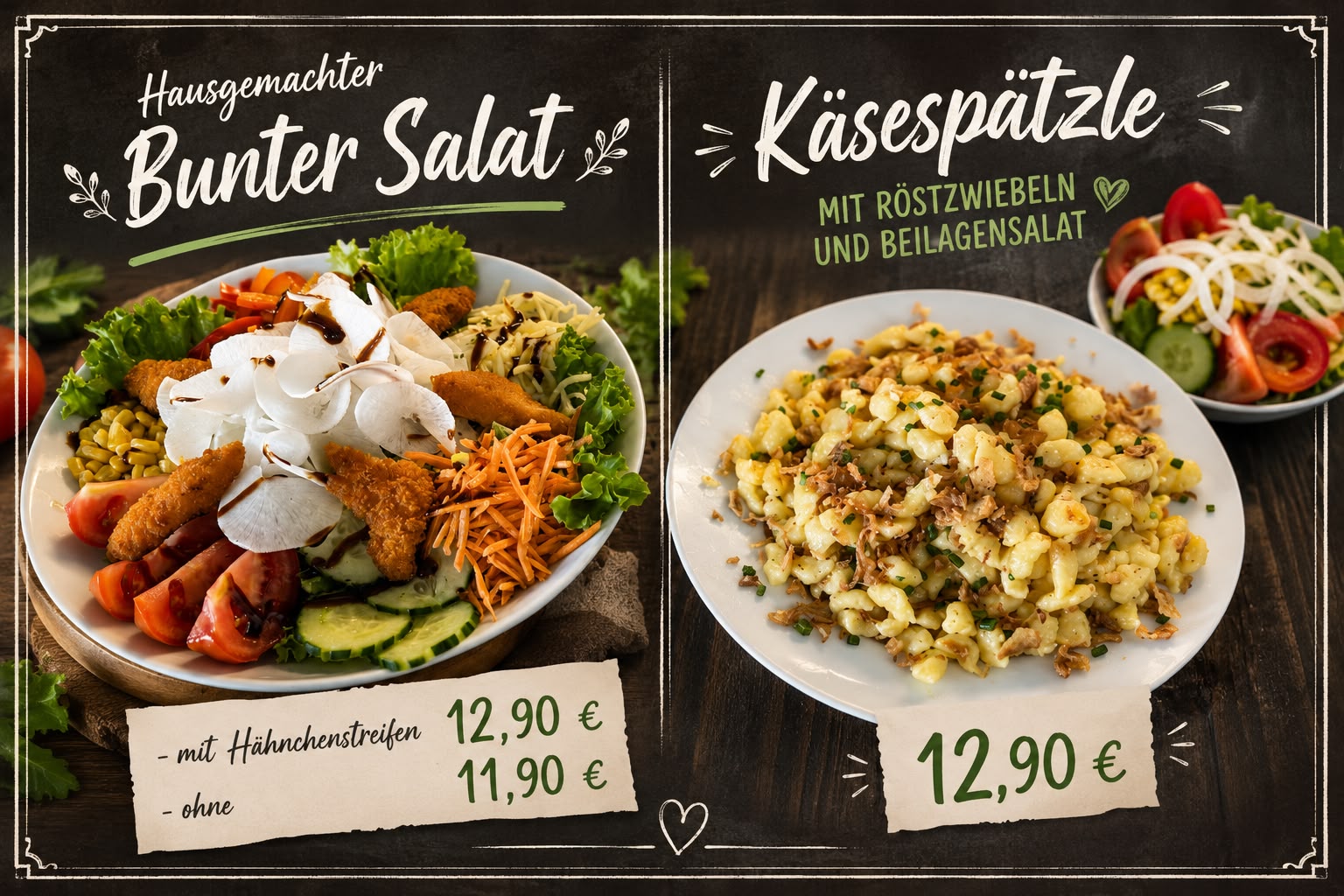 Hausgemachter bunter Salat und Käsespätzle im Wettelsheimer Keller